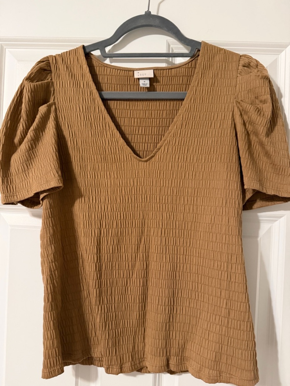 a new day Brown Crinkle V-Neck Puff Sleeve Top